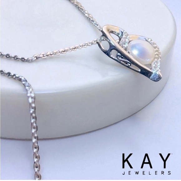 Pearl & White Sapphire Heart shape Stamped 925 Silver Necklace - Picture 3 of 4